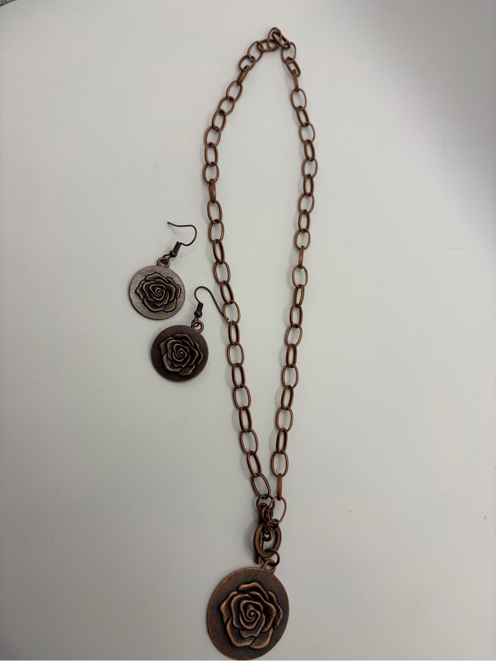 Rose Medallion Pendant Necklace and Earrings Set - Antique Copper